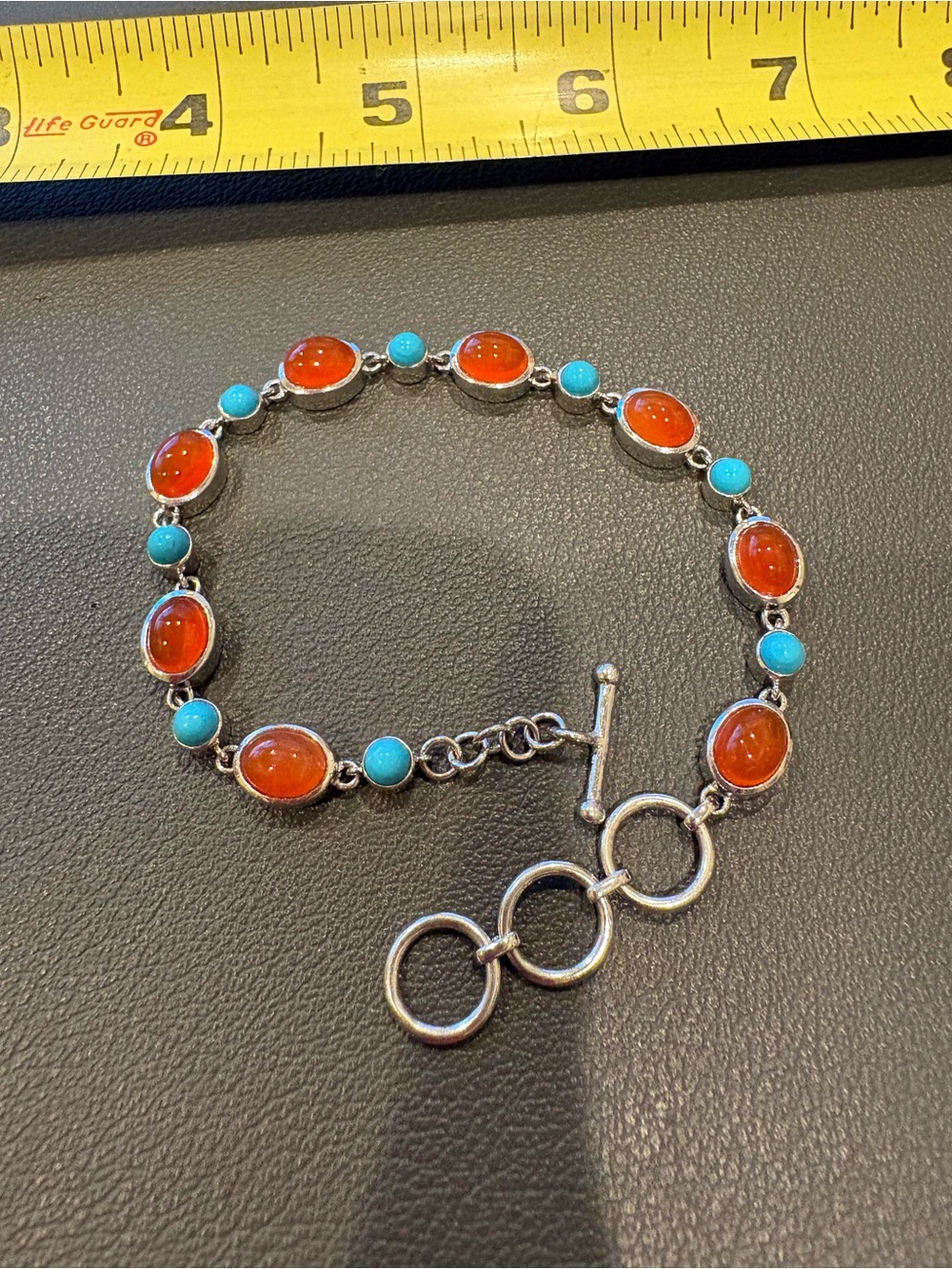 Sterling Silver Bracelet with Orange Carnelian and Turquoise cabochons